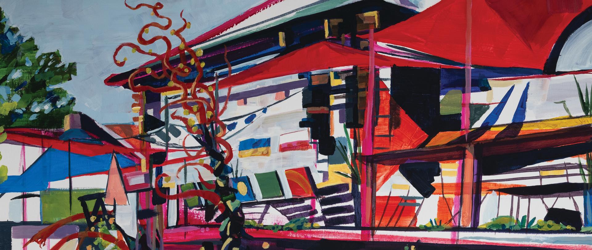 Obraz przedstawia fragment ulicy, a dokładnie jej prawą stronę. Widzimy lekko pochylony teren cały pokryty kwiatami. Dodatkowo zasadzone są na nim dwa drzewa. Powyżej zauważamy schody. Nad nachylonym kwiatowym zboczem zauważamy trzy kamienice. W oddali widzimy jeszcze błękitne niebo i kawałek zielonej korony drzewa. Obraz zbudowany jest z barwnych plam i przypomina w swojej formie plakat.