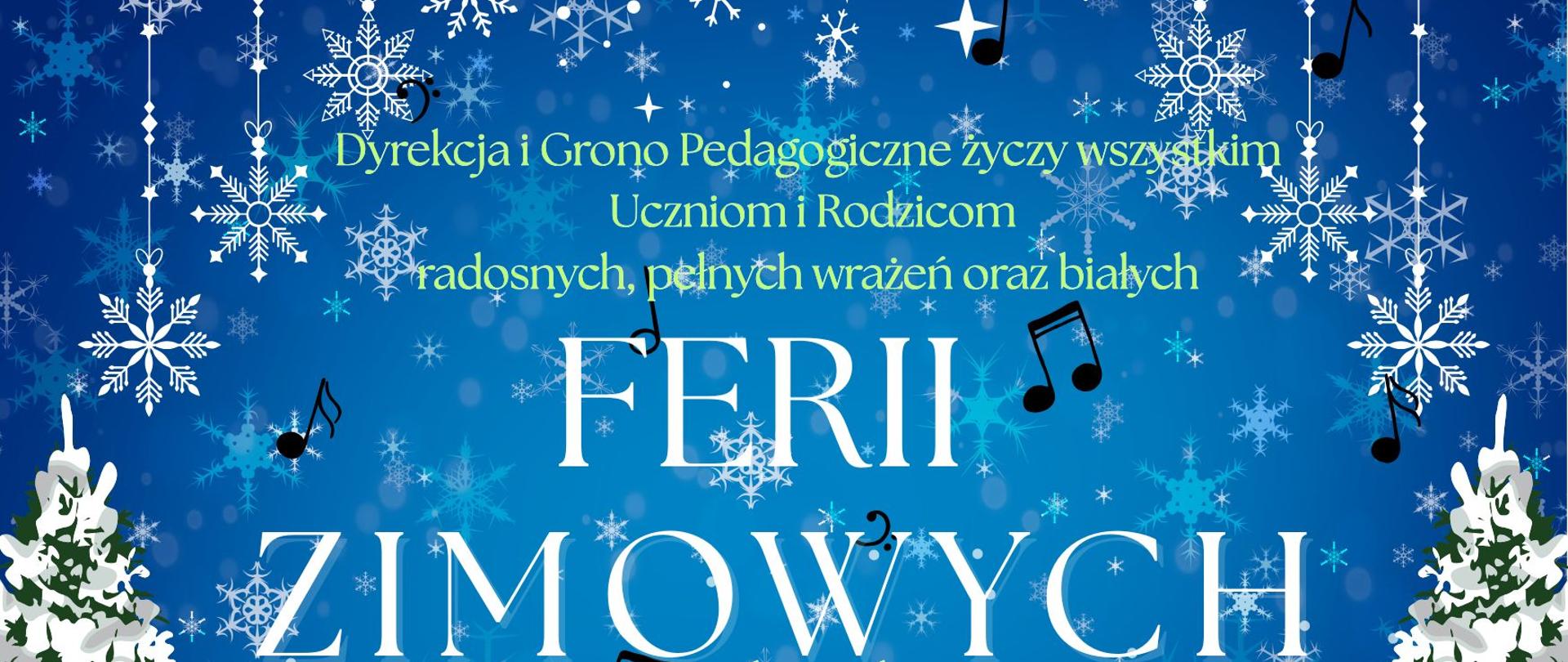 niebieski plakat z ośnieżonymi choinkami i gwiazdkami, białe napisy