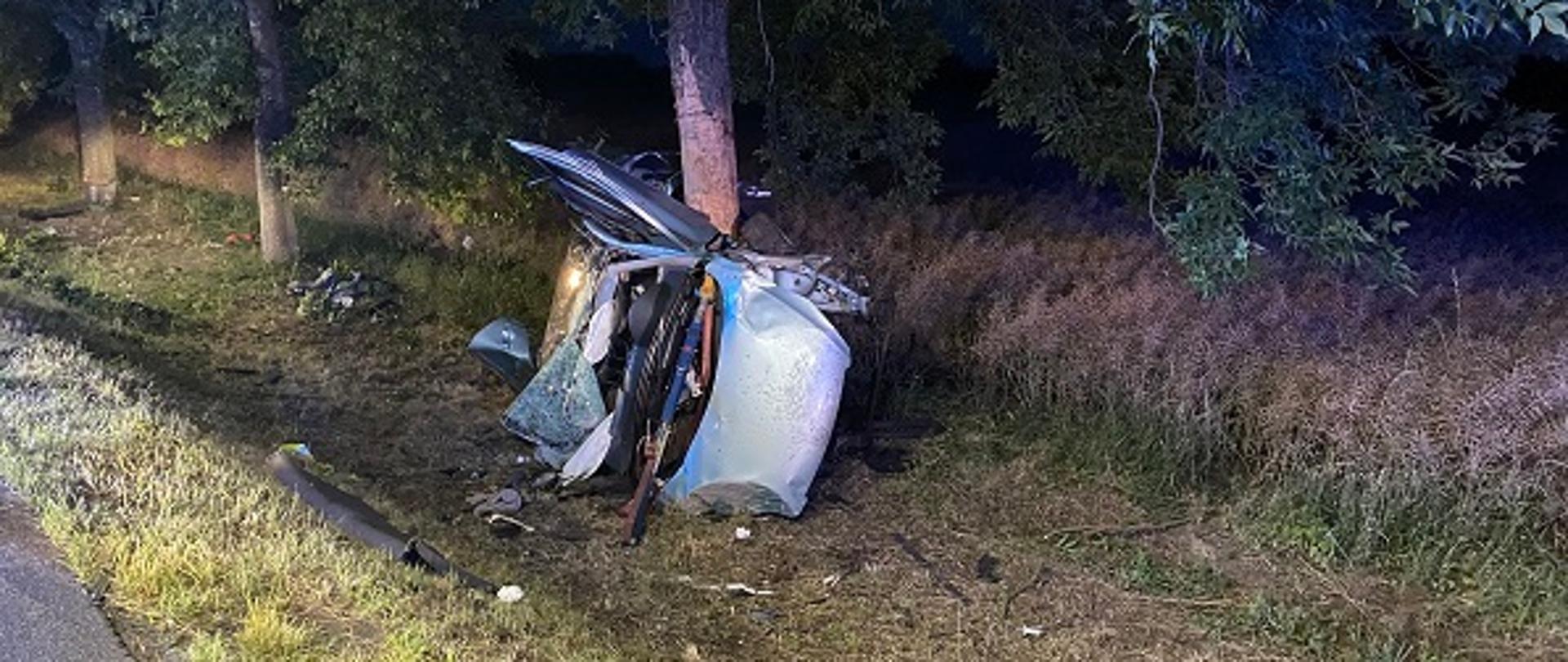 Pora nocna. Oświetlony teren światłem reflektorów. Zniszczony pojazd osobowy, leżący na boku oparty o wysokie drzewo pozbawione kory. Za drzewem pole uprawne z rosnącym zbożem. Pobocze opadające, wykoszone z porozrzucanymi elementami rozbitego pojazdu.