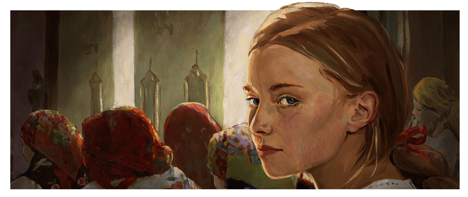 portret młodej kobiety z namalowanymi w tle kobietami w chustach