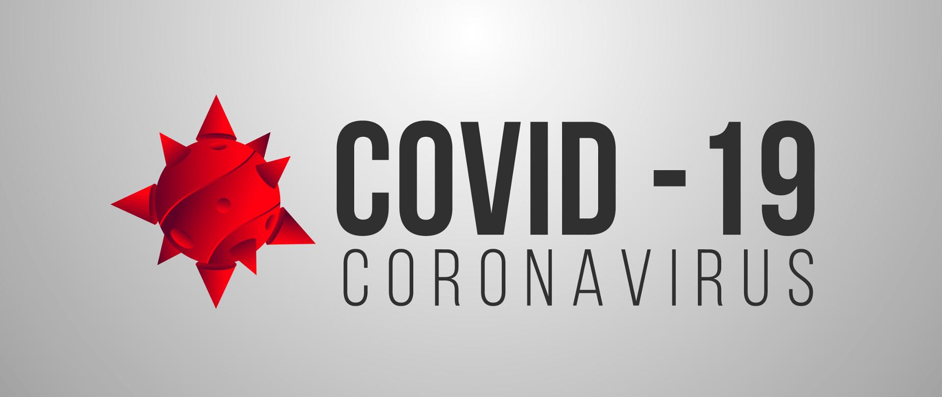 zdjęcie przedstawia symbolicznie virusa jako czerwoną kulę z kolcami z napisem COVID-19 CORONAVIRUS