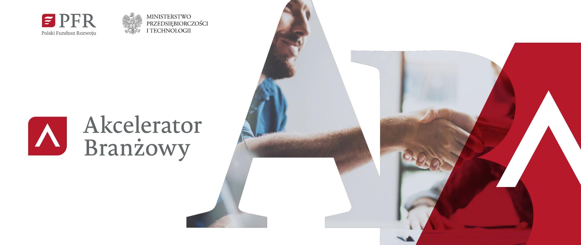 Logo Akceleratora Branżowego, w tle ludzie podający sobie ręce.