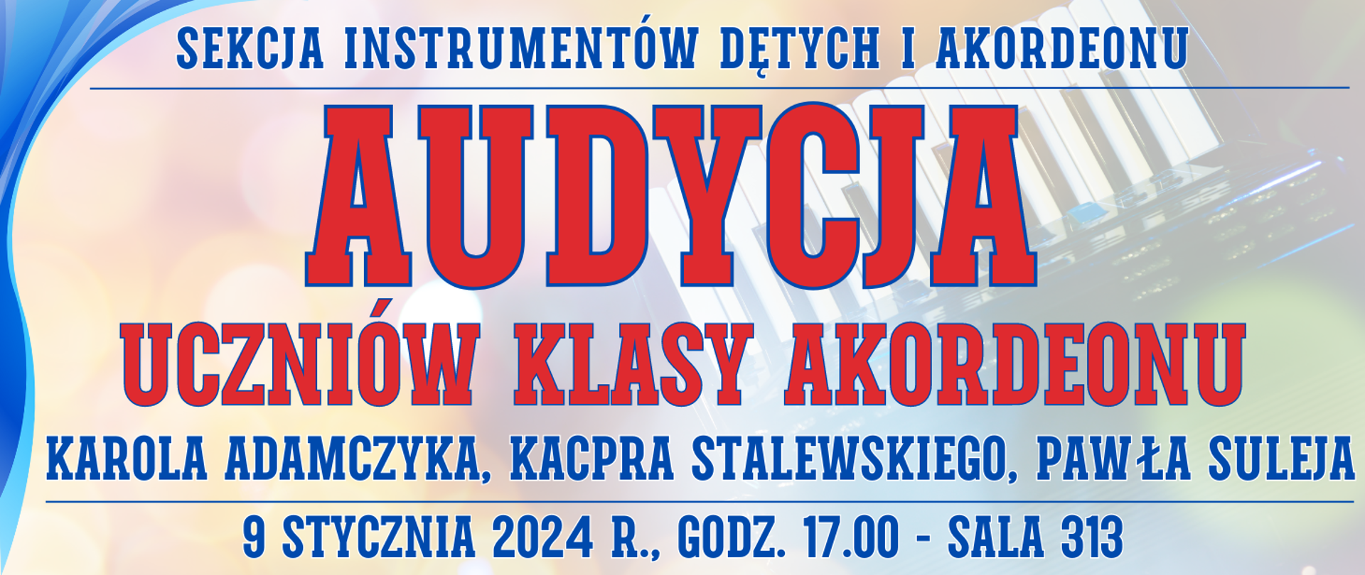 kolorowe półprzezroczyste tło z akordeonem oraz informacja o wydarzeniu