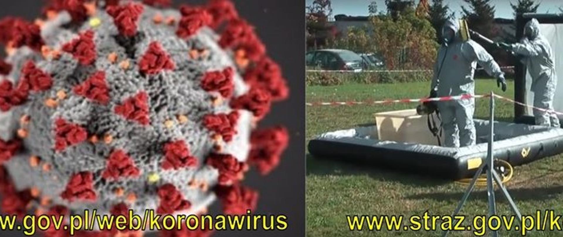 Po lewej wyobrażenie wyglądu wirusa, po prawej ludzie w specjalnych kombinezonach