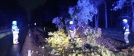 Strażacy wycinają powalone drzewa w porze nocnej.