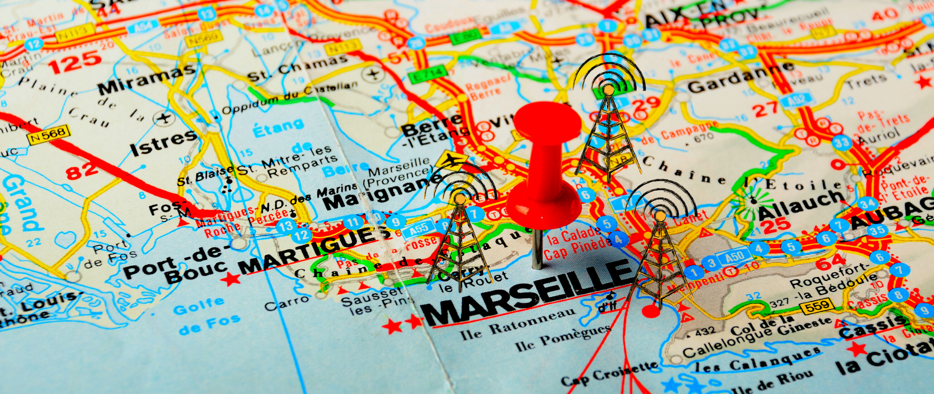 Mapa Francji na dużym zbliżeniu - zaznaczone nadajniki