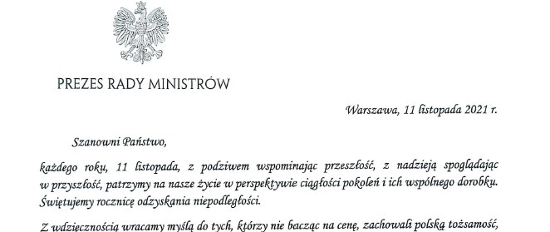 List Prezesa Rady Ministrów do członków korpusu służby cywilnej z okazji Święta Niepodległości
