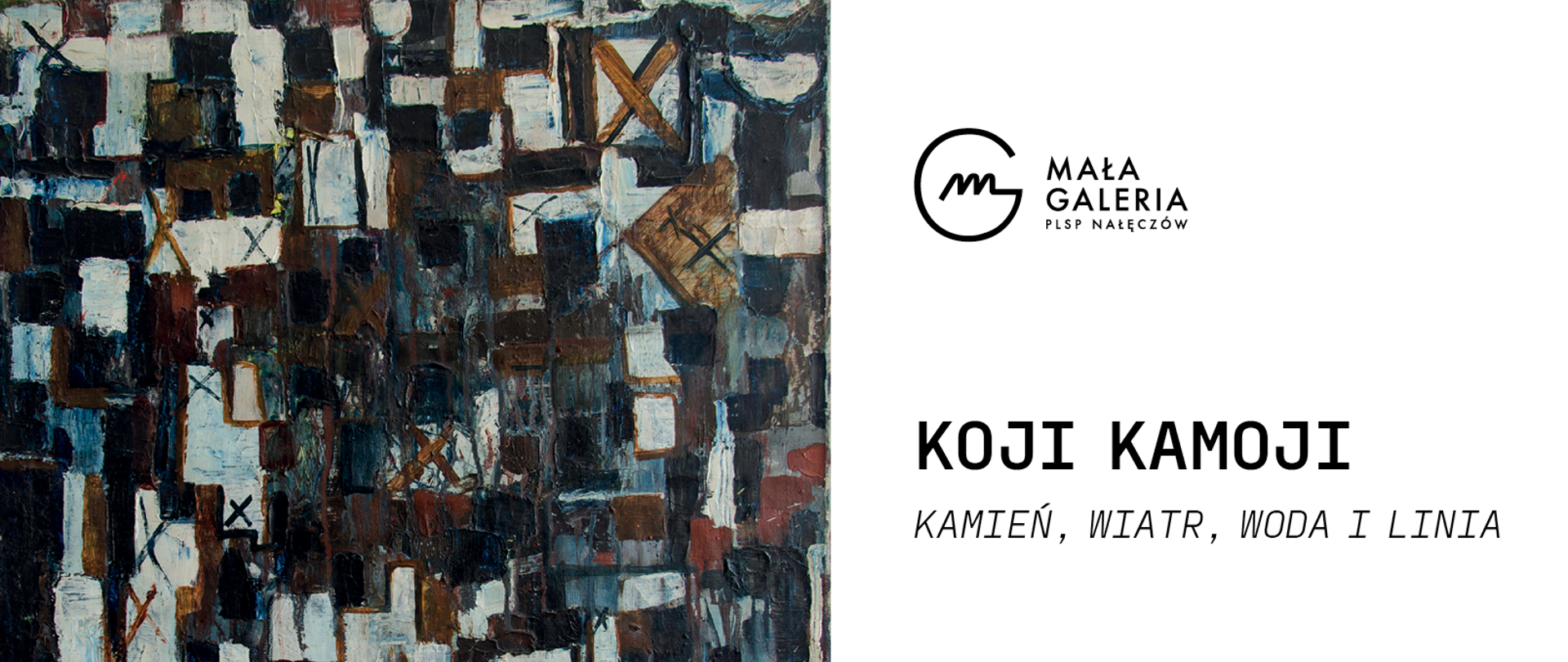 Zaproszenie na wystawę malarstwa Kojiego Kamoji. Reprodukcja obrazu abstrakcyjnego.