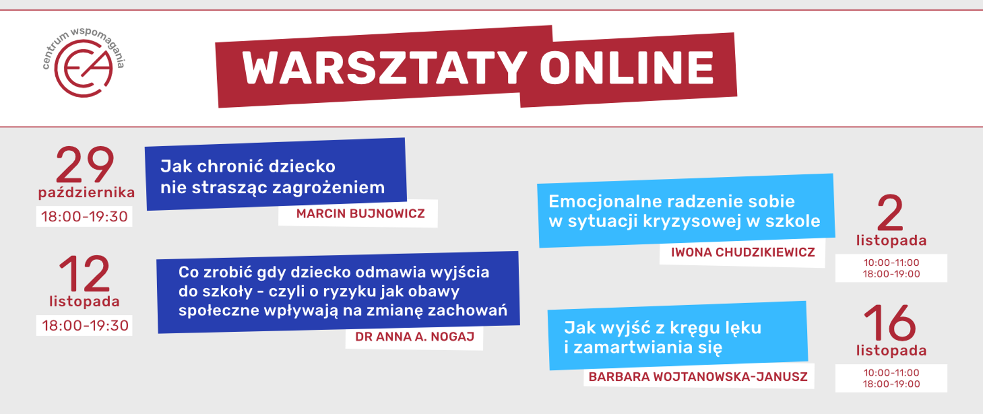 Harmonogram warsztatów online Centrum Wspomagania na październik i listopad. Szczegóły spotkań w tekście poniżej.