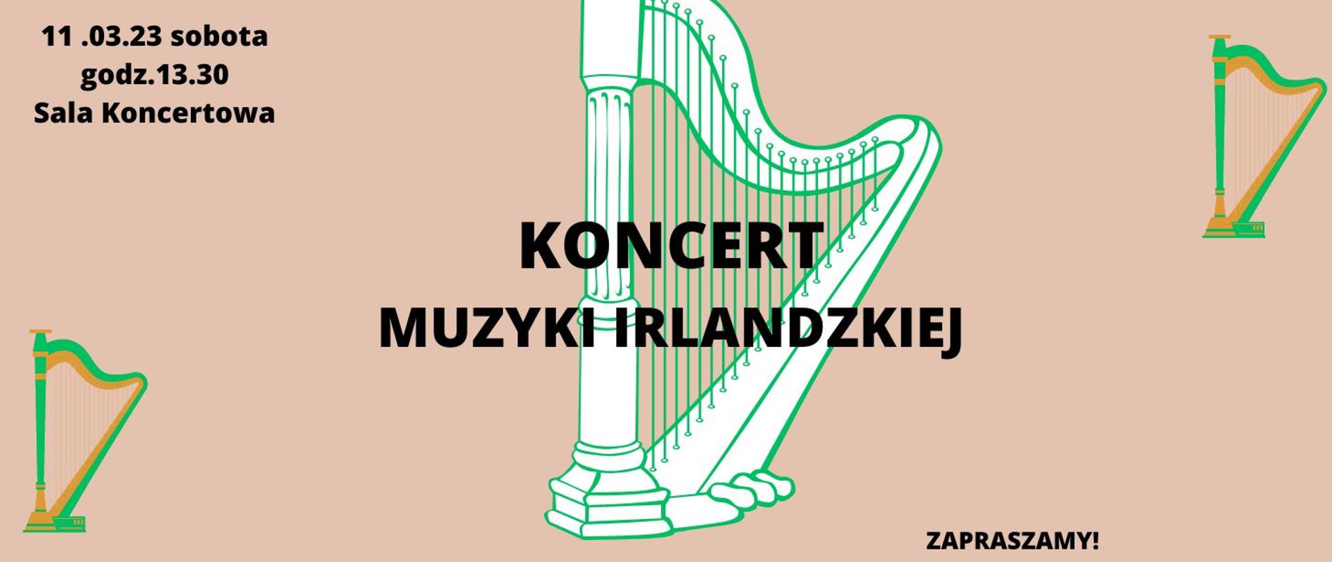 na bezowym tle grafika 3 harfy i napis koncert muzyki irlandzkiej