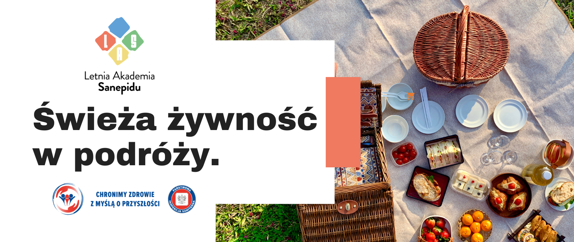 Po prawej stronie piknikowy kosz i świeże przekąski rozłożone na kocu, po lewej tytuł Świeża żywność w podróży, logo Państwowej Inspekcji Sanitarnej oraz logo Letniej Akademii Sanepidu.
