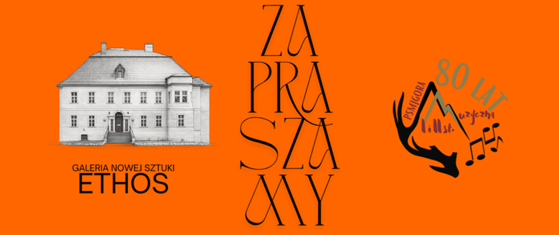 Grafika o intensywnym pomarańczowym tle przedstawia w swojej lewej części czarno-biały szkic zabytkowego, piętrowego budynku z wyraźnym ryzalitem i centralnie umieszczonym wejściem, pod którym widnieje napis Galeria Nowej Sztuki ETHOS. Centralnym punktem kompozycji jest duży, czarny i ozdobny napis zapraszamy ułożony pionowo w czterech rzędach, charakteryzujący się wydłużonymi liniami liter. W prawej części obrazu - logo jubileuszowe z napisem 80 lat muzyczna oraz nazwą szkoły PSM JELENIA GÓRA I i II st., wpisaną w grafikę przypominającą zarysy gór i nuty, z motywem przypominającym poroże jelenia po lewej stronie. Całość ma minimalistyczny, nowoczesny charakter, oparty na silnym kontraście czerni i bieli z energetycznym tłem