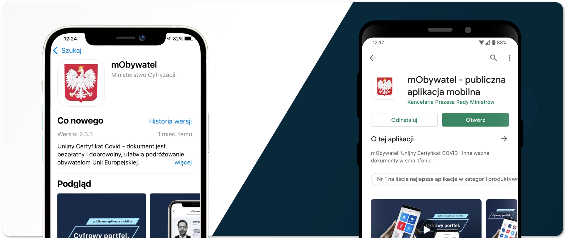Grafika utrzymana w biało-granatowej kolorystyce. Po lewej stronie ekran telefonu z widoczną aplikacją mObywatel w sklepie App Store, z prawej - ekran telefonu z widoczną aplikacją mObywatel w sklepie Google Play.