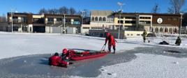Basen pokryty warstwą lodu. Jeden z ratowników zanurzony w przerębli. Dwóch strażaków podejmuje go z wody przy użyciu sań lodowych.