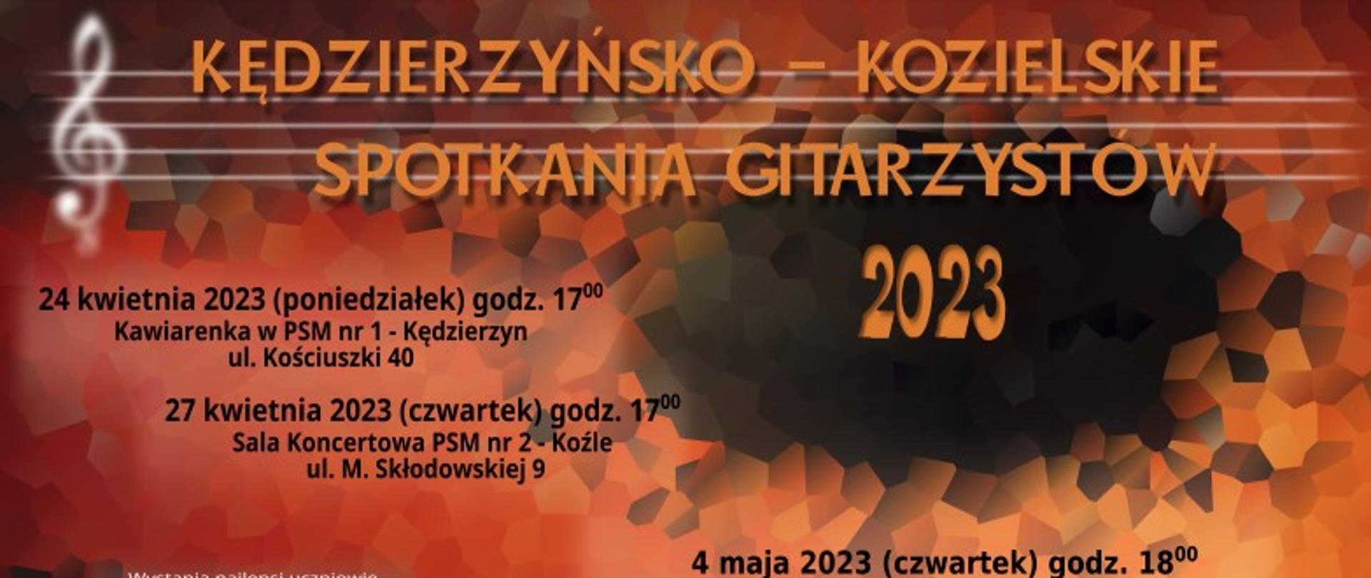 Plakat graficzny Kędzierzyńsko-Kozielskich Spotkań Gitarzystów 2023, na brązowo-szarym geometrycznym tle szczegółowe informacje o czterech koncertach odbywających się w mieście, 24 kwietnia, 27, kwietnia, 4 maja i koncert galowy 11 maja