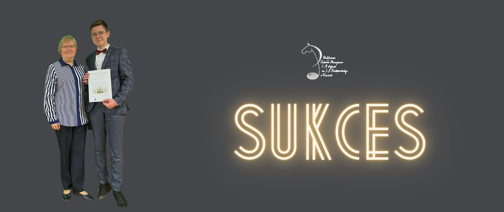 Baner sukces przedstawiający Laureata z Pedagogiem na szarym tle