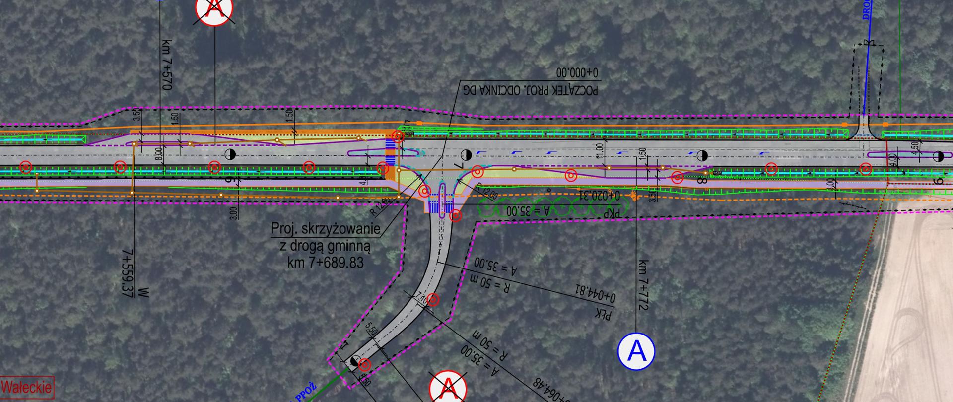 Mapa z naniesionymi rozwiązaniami projektowymi drogi