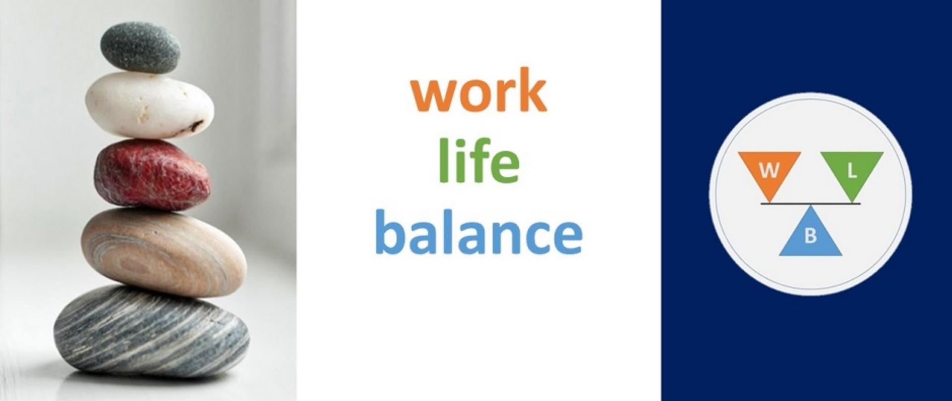 Poukładane kamienie w kształt wieży, napis "work life balance" oraz logo WLB