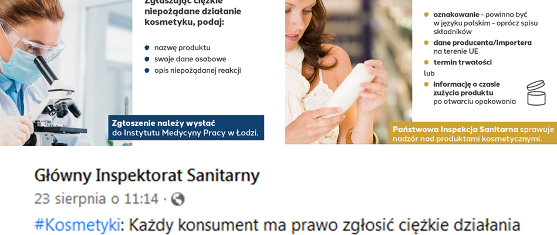 Grafika zawierająca informacje hasłowe co do zakupu, używania i niepożądanych działań kosmetyków. W lewym górnym rogu laborantka z mikroskopem w prawym rogu kobieta trzymająca w dłoniach telefon. Pod spodem tekst informujący o tym, że każdy ma prawo zgłosić niepożądane działania kosmetyków.