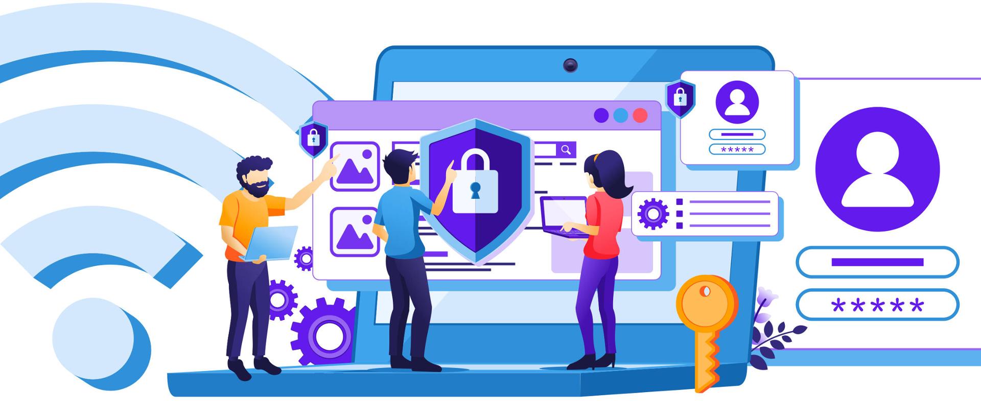 Grafika wektorowa - dwóch mężczyzn i kobieta. Jeden z nich i kobieta trzymają w rękach laptopy. Drugi mężczyzna - na środku dotyka dłonią ekranu, na którym widoczny jest symbol kłódki (bezpieczeństwa). Wokół nich inne symbole związane z bezpieczeństwem w sieci - klucz, hasła i loginy, symbole wi-fi.