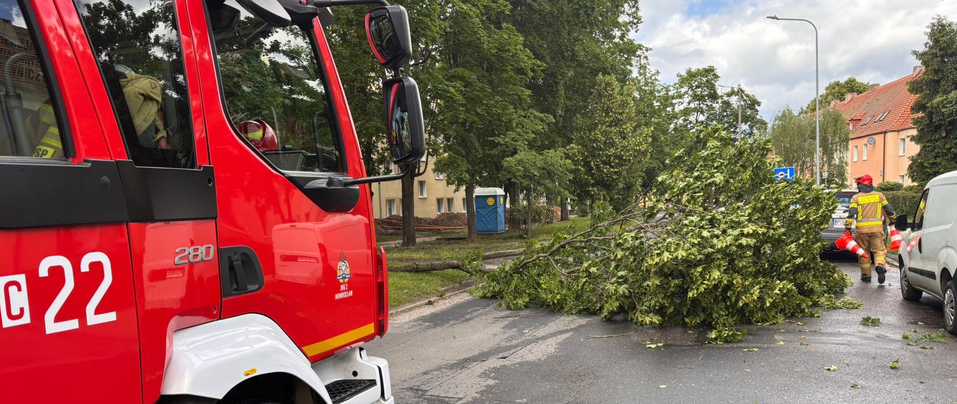 Zastęp z Jednostki Ratowniczo Gaśniczej nr 2 podczas usuwania skutków silnego wiatru