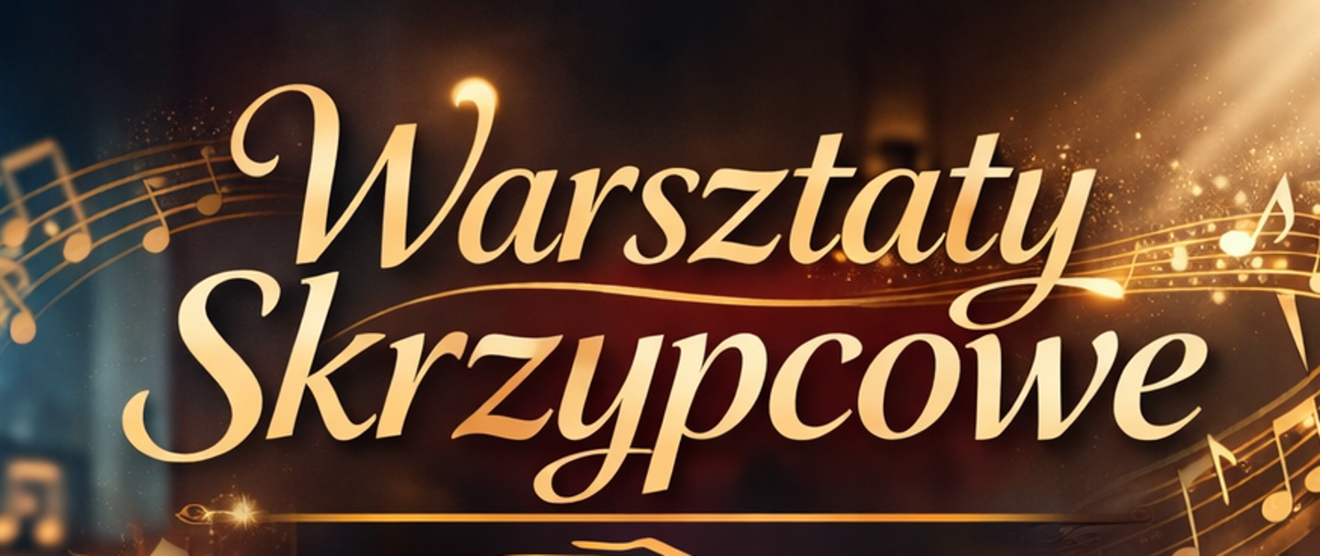 Plakat promujący Warsztaty Skrzypcowe z 4 marca 2026 roku. Na tle ciepłych brązowo-złotych tonów widoczny jest realistyczny obraz skrzypiec leżących na starych nutach, z uniesionym smyczkiem w dłoni muzyka. Wokół wirują złote nuty i subtelne połyskujące światła, podkreślając muzyczną atmosferę. W centralnej części plakatu znajdują się napisy: data wydarzenia, Sala Koncertowa, prowadzący mgr Konrad Dragan oraz temat wykładu: „Jak dobrze kształtować technikę lewej ręki u skrzypków: biegłość, intonacja, wibracja”.
