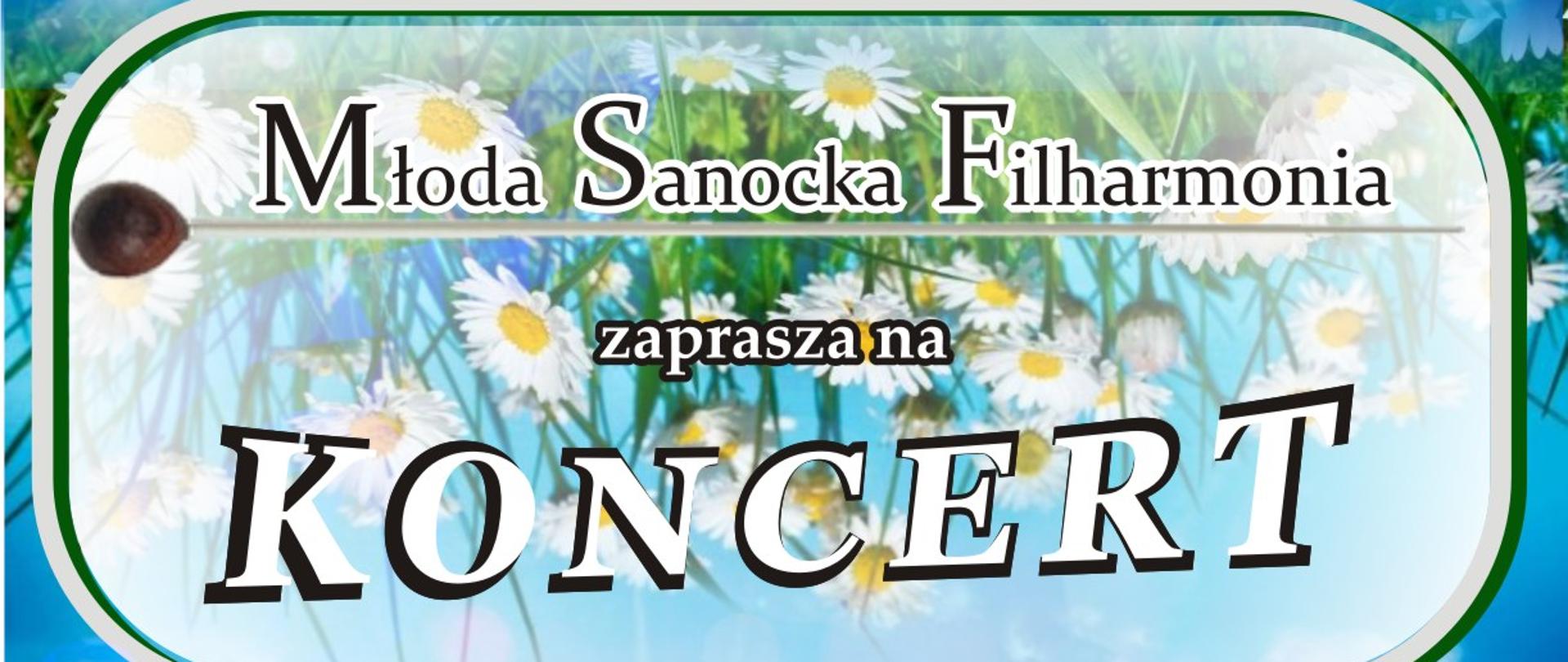 Plakat koncertu Młodej Sanockiej Filharmonii instrumenty muzyczne, w tle niebo oraz kwiaty.