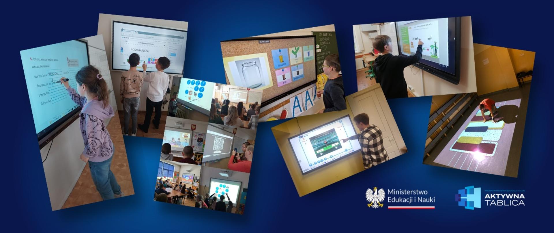 Grafika, na niebieskim tle kilka małych obrazków pokazujących dzieci przy tablicach.