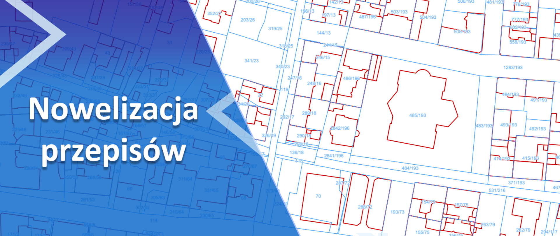 Po lewej na niebieskim tle napis "Nowelizacja przepisów", a po prawej zrzut ekranu z wizualizacji EGiB.