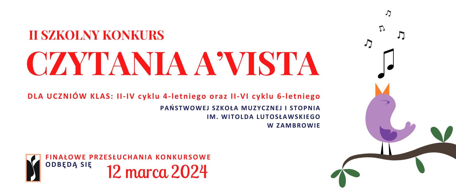 Na białym tle po prawej części plakatu umieszczona jest grafika śpiewającego ptaka wśród nut. W głównej część plakatu czerwonym kolorem drukowaną czcionką informacja o nazwie wydarzenia oraz organizatorze. W dole po lewej stronie logo szkoły oraz data konkursu