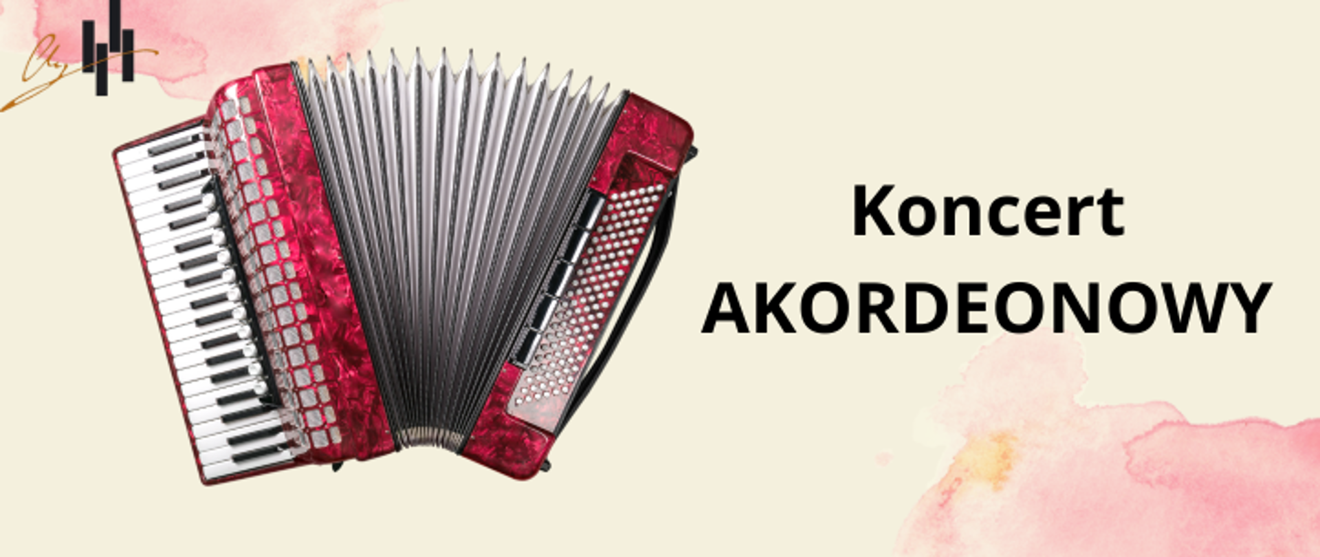 Tło plakatu jest jasne, kremowe, z delikatnymi akwarelowymi plamami w odcieniach różu i pomarańczu, umieszczonymi w dolnym prawym rogu. Całość ma lekką, artystyczną atmosferę. Po lewej stronie plakatu znajduje się duży obraz czerwonego akordeonu. Jest to akordeon klawiszowy – z lewej strony widoczne są białe i czarne klawisze przypominające te z fortepianu, a po prawej stronie – przyciski basowe. Akordeon jest rozłożony, dzięki czemu dobrze widoczny jest jego miech, rozciągający się w pionie. W prawym środkowym fragmencie plakatu, na wysokości środka akordeonu, znajduje się napis: „Koncert AKORDEONOWY” słowo "Koncert" zapisane jest zwykłą czcionką, słowo "AKORDEONOWY" pogrubioną czcionką, dużymi literami. W lewym górnym rogu znajduje się niewielkie, stylizowane logo w czerni i miedzi, przypominające litery „H” lub „II” z ukośną linią.