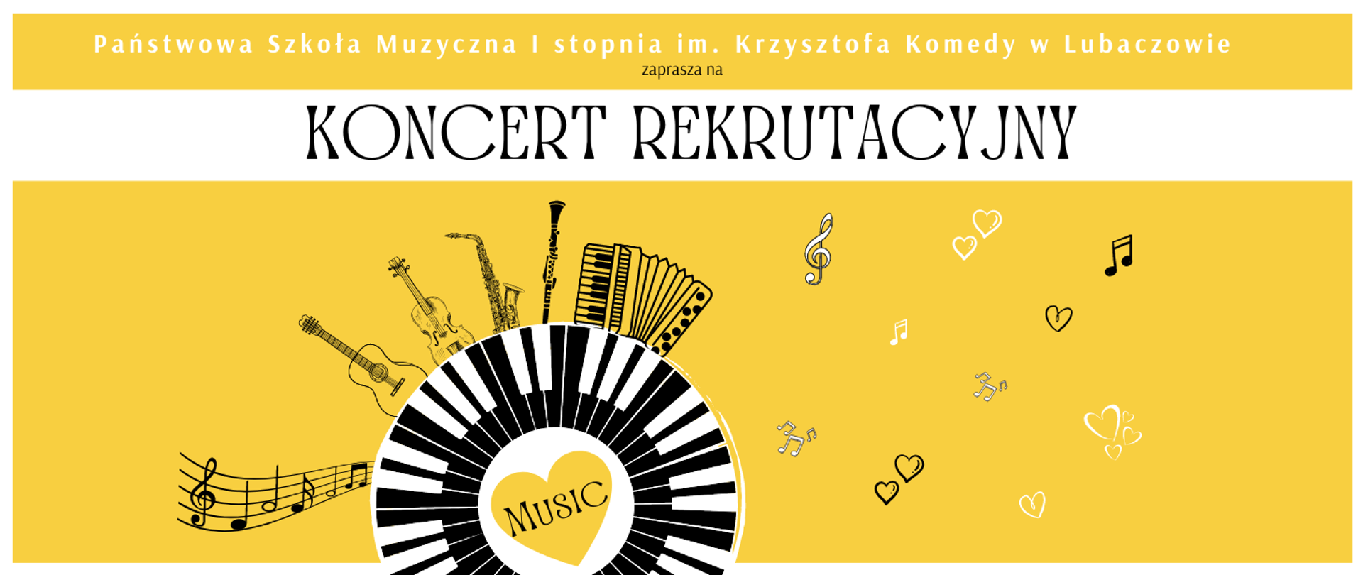 Fragment plakatu koncertu rekrutacyjnego na żółtym tle z ikonografiami instrumentów muzycznych