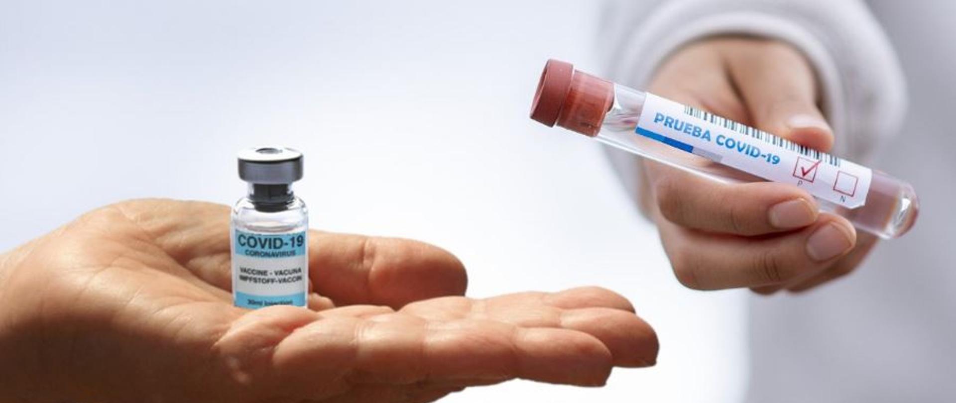 białe tło, na otwartej doni fiolka szczepionki przeciw COVID-19, obok w ręce szklana fiolka z niebieskim napisem PRUEBA COVID - 19