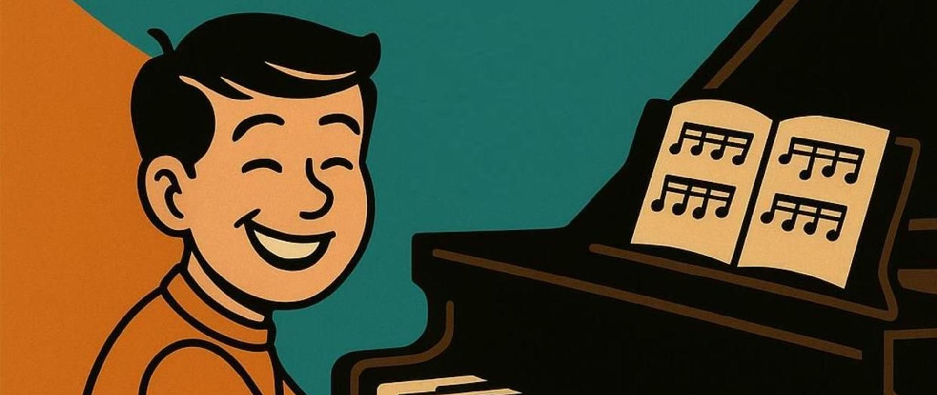 Grafika przedstawia uśmiechniętego chłopca grającego na fortepianie. W tle kolor seledynowy i pomarańczowy.