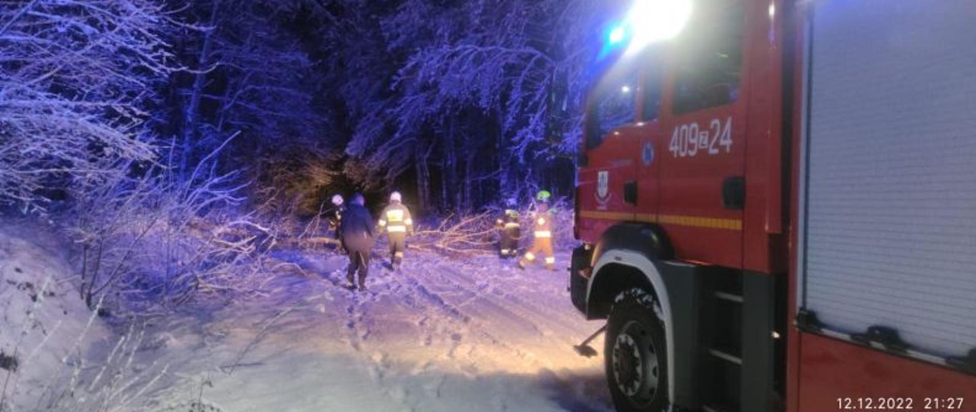 Zdjęcie wykonane w nocy. Krajobraz zimowy, dużo śniegu, biało, mroźnie. Sceneria oświetlona niebieskimi światłami błyskowymi. Centralny punkt zdjęcia stanowią strażacy i leżące drzewo. Po prawej auto strażackie.