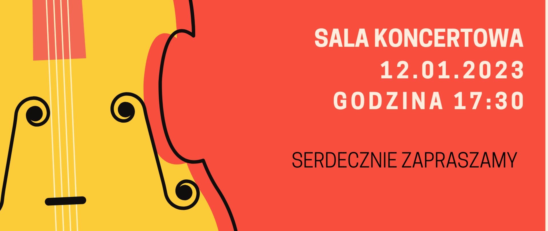 grafika kolorowy afisz z lewej strony żołty instrument skrzypce z prawej informacje o miejscu i dacie popisu międzysekcyjnego w PSM I i II stopnia im. M. Karłowicza w Katowicach