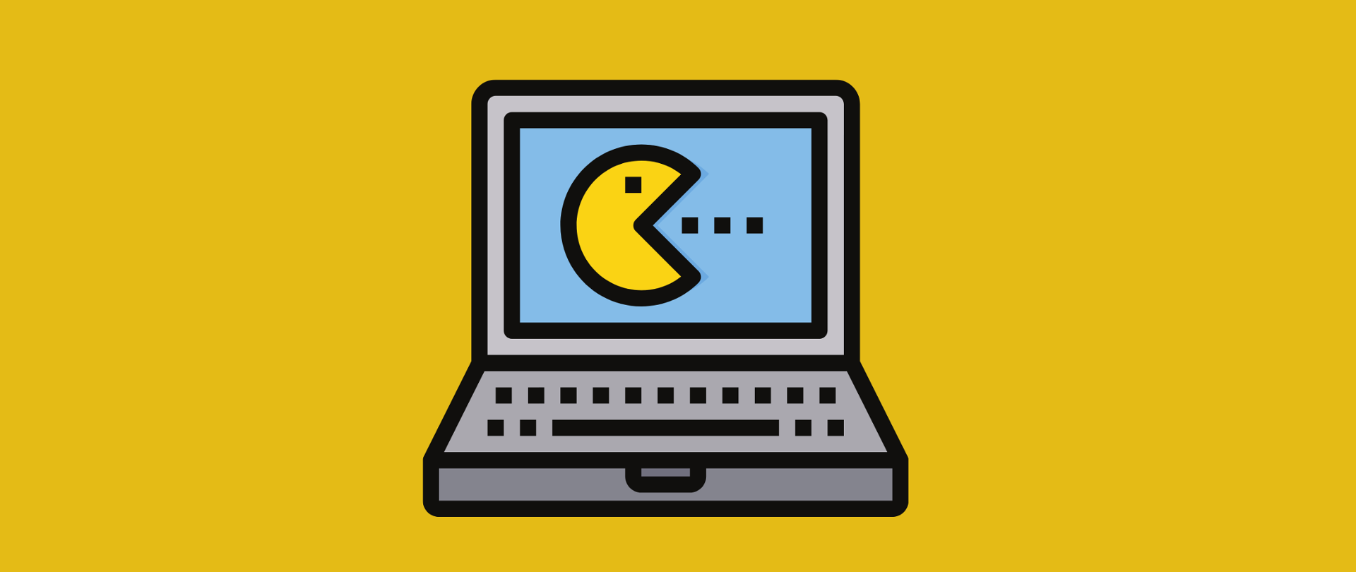 Grafika wektorowa - żółte tło, a na nim szary laptop. Na ekranie komputera widoczna żółta ikonka gry packman.