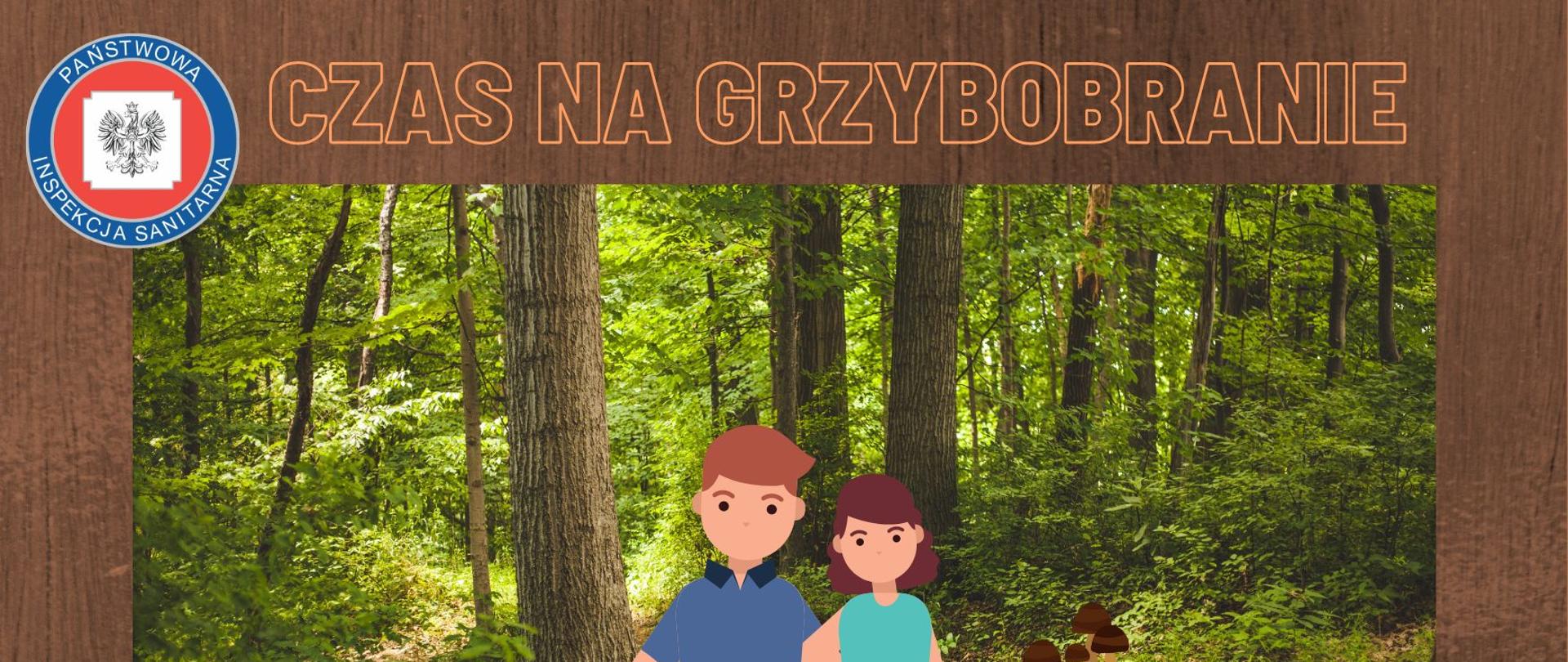 Grafika przedstawia rodzinę z 2 dzieci w lesie podczas sezonu grzybowego