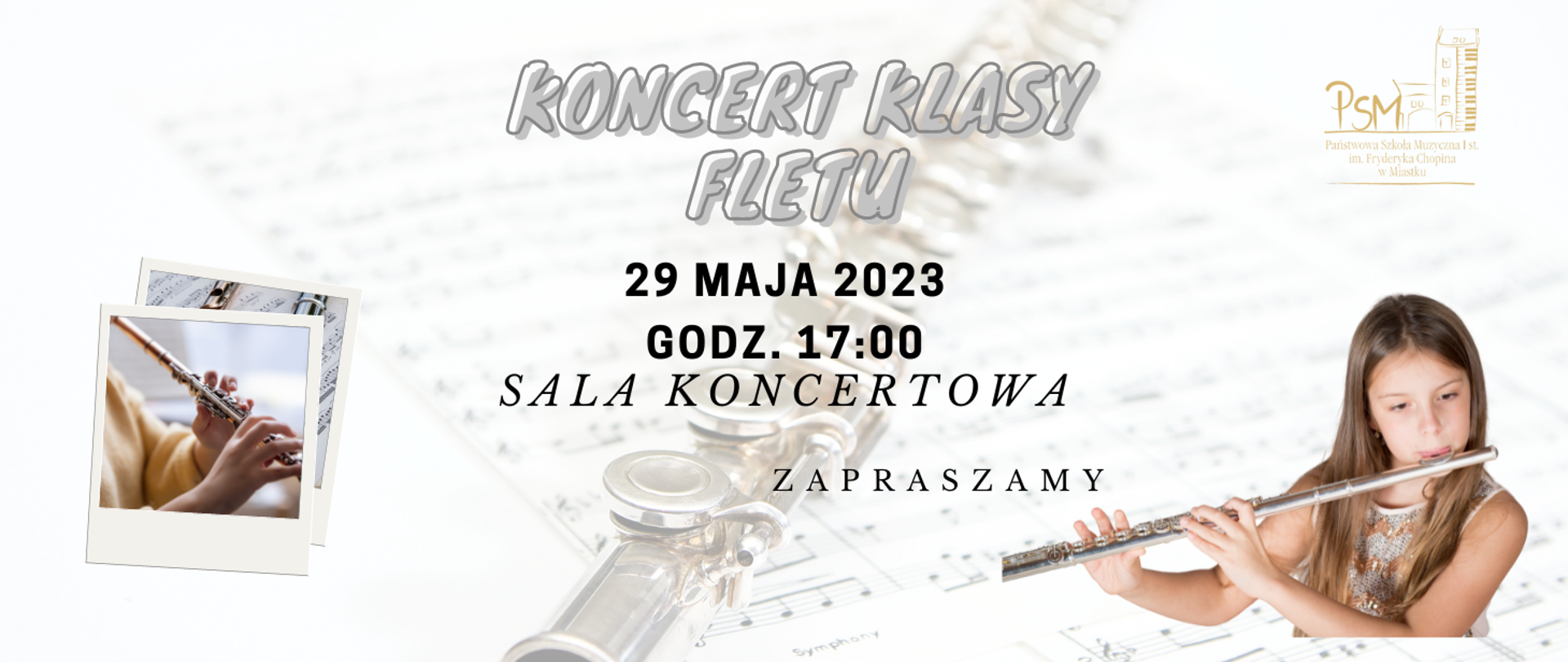 Grafika informująca o koncercie uczniów klasy fletu w dniu 29 maja 2023 r. o godz. 17:00 w sali koncertowej naszej szkoły.