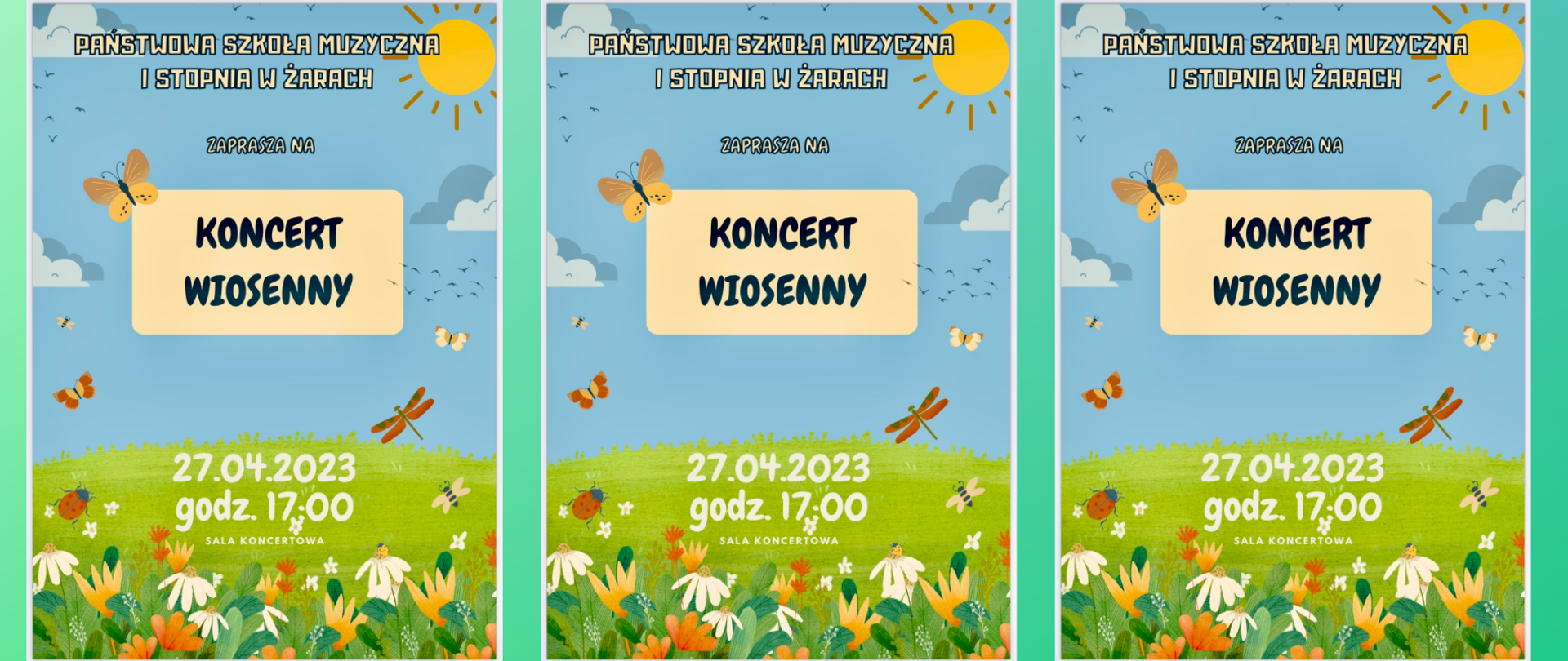 Na tle wiosennej grafiki w różnych kolorach napisy Państwowa Szkoła Muzyczna I stopnia im. G .Ph. Telemanna w Żarach. Zaprasza na Koncert Wiosenny 27.04.2023 godz. 17.00. Sala Koncertowa