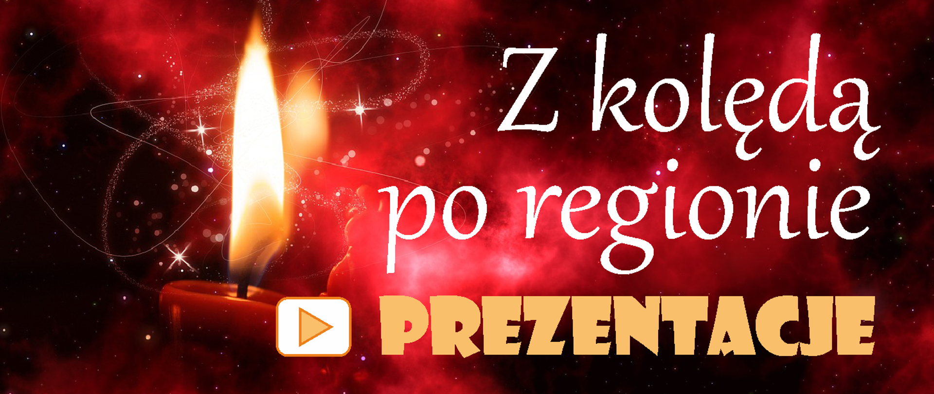 Grafika – zapalona świeca na czerwonym tle z tekstem „Z kolędą po regionie – prezentacje”, Licencja Pixabay
