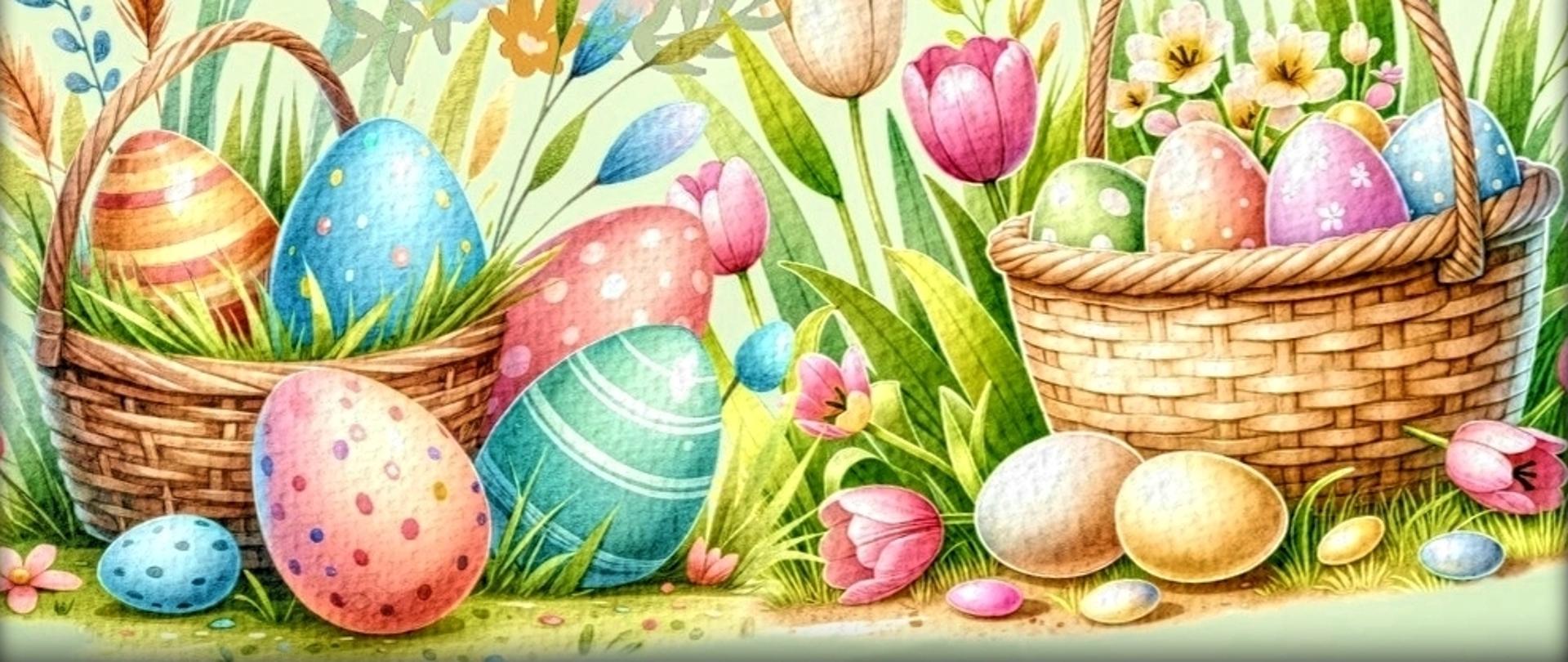 plakat zawiera od góry życzenia na Święta Wielkanocne skierowane od dyrektora szkoły, poniżej dwa koszyki wielkanocne wypełnione kolorowymi pisankami, postawione na trawie, z roślinami i kwiatami kolorowymi, powyżej baranek z wianeczkiem z kolorowych kwiatków na głowie