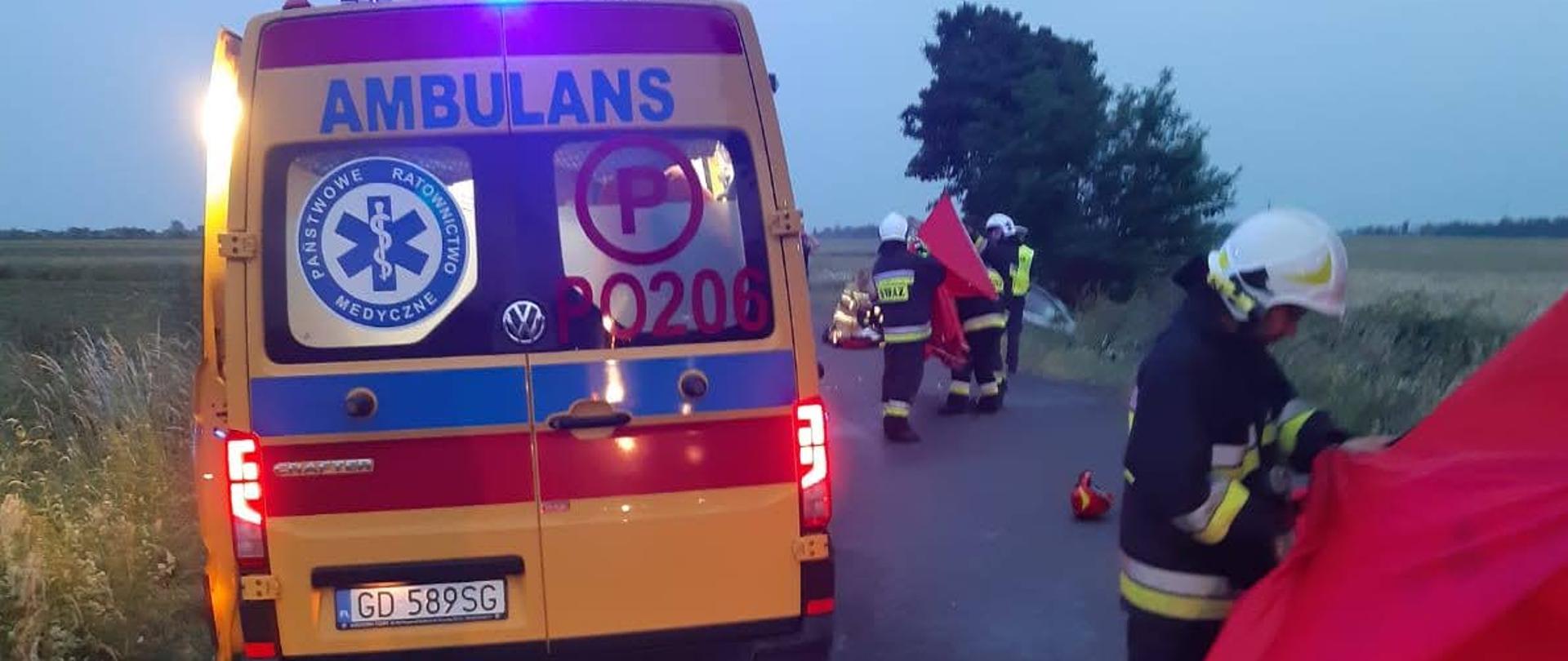 strażacy zabezpieczają miejsce działań parawanami obok karetka pogotowia na drodze widoczny czerwony element w oddali drzewa