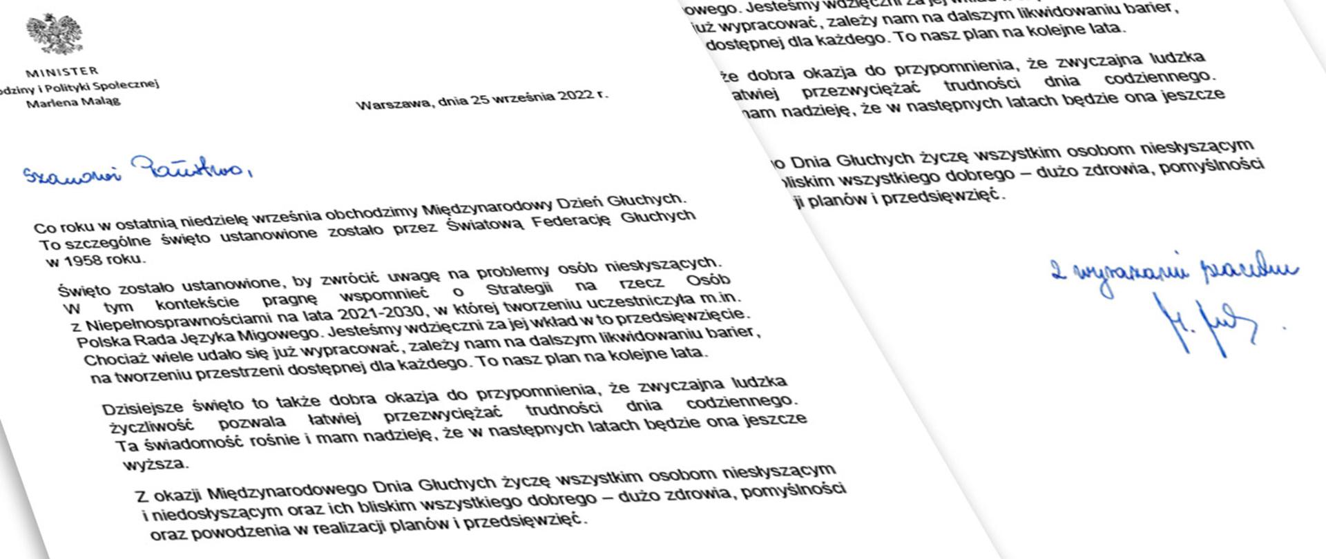 List minister Marleny Maląg z życzeniami z okazji Międzynarodowego Dnia Głuchych