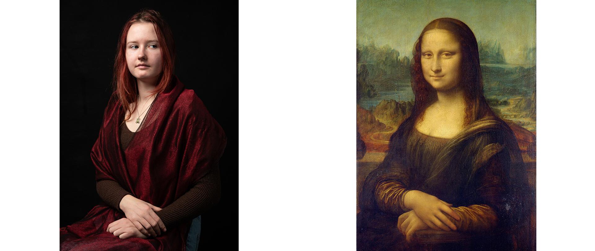 Na białym tle dwa zdjęcia a na nich dziewczyna siedząca z bordowym szlem na ramionach. Na drugim zdjęciu obraz, którego inspiracją było pierwsze zdjęcie.
