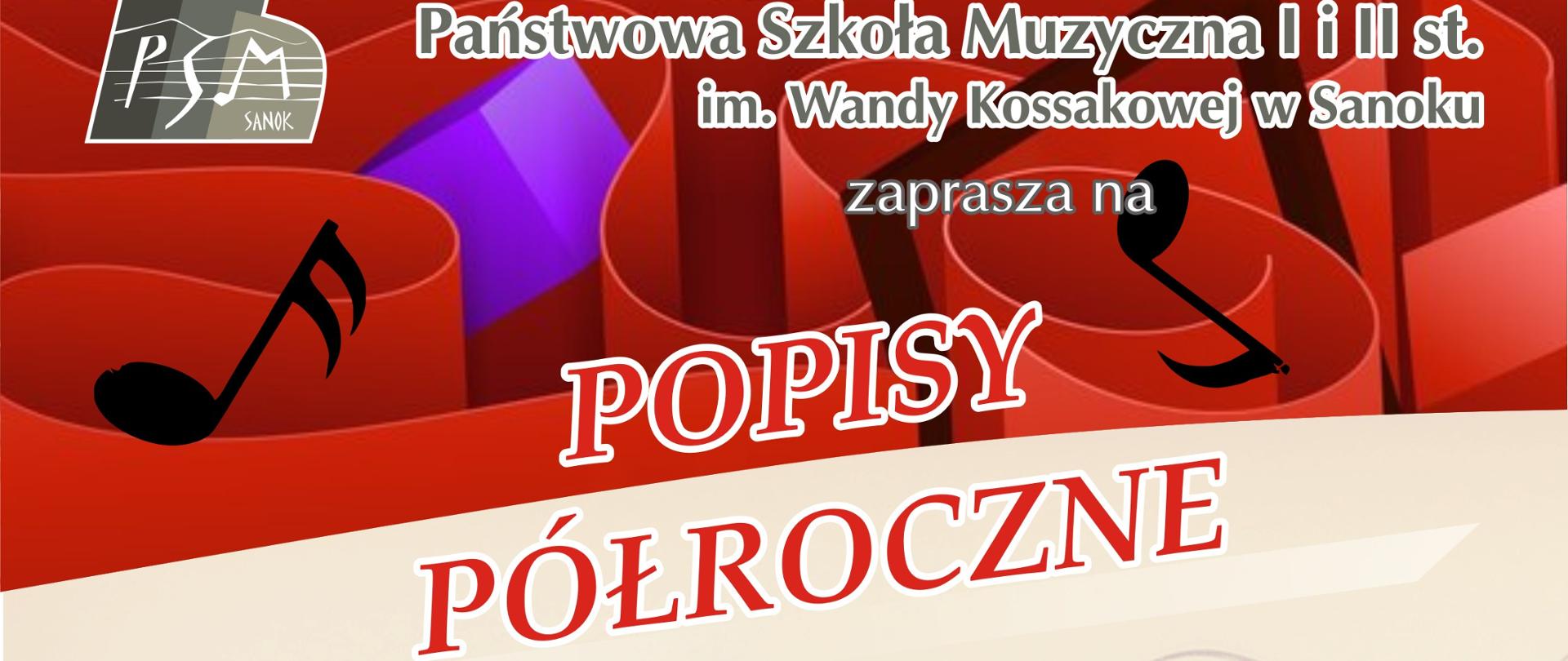 Plakat Popisu Półrocznego uczniów PSM I i II st. w Sanoku - 2024r. W tle instrumenty, nuty w czerwonym i beżowym kolorze. Daty i godziny koncertów.