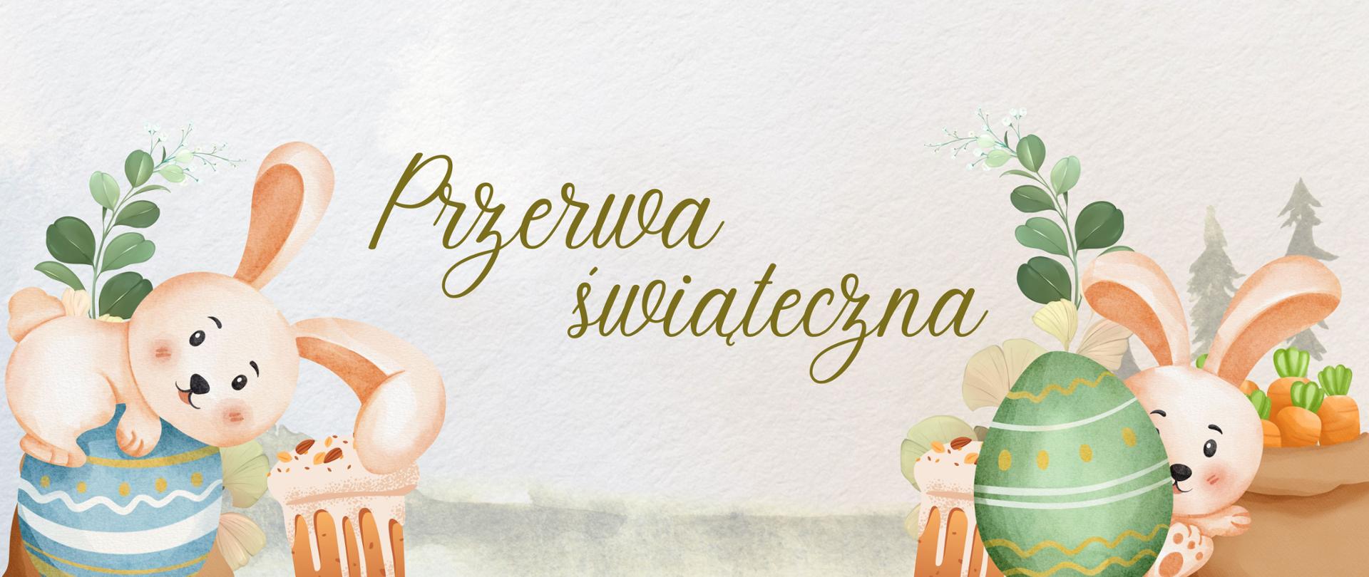 Baner z ozdobnym napisem "Przerwa świąteczna". Po obu bokach strony znajdują się kolorowe obrazki przedstawiające króliki wielkanocne wraz z pisankami - jedną niebieską, a jedną zieloną. Tło jest w kolorze jasno zielonym i zawiera kontury drzew iglastych.