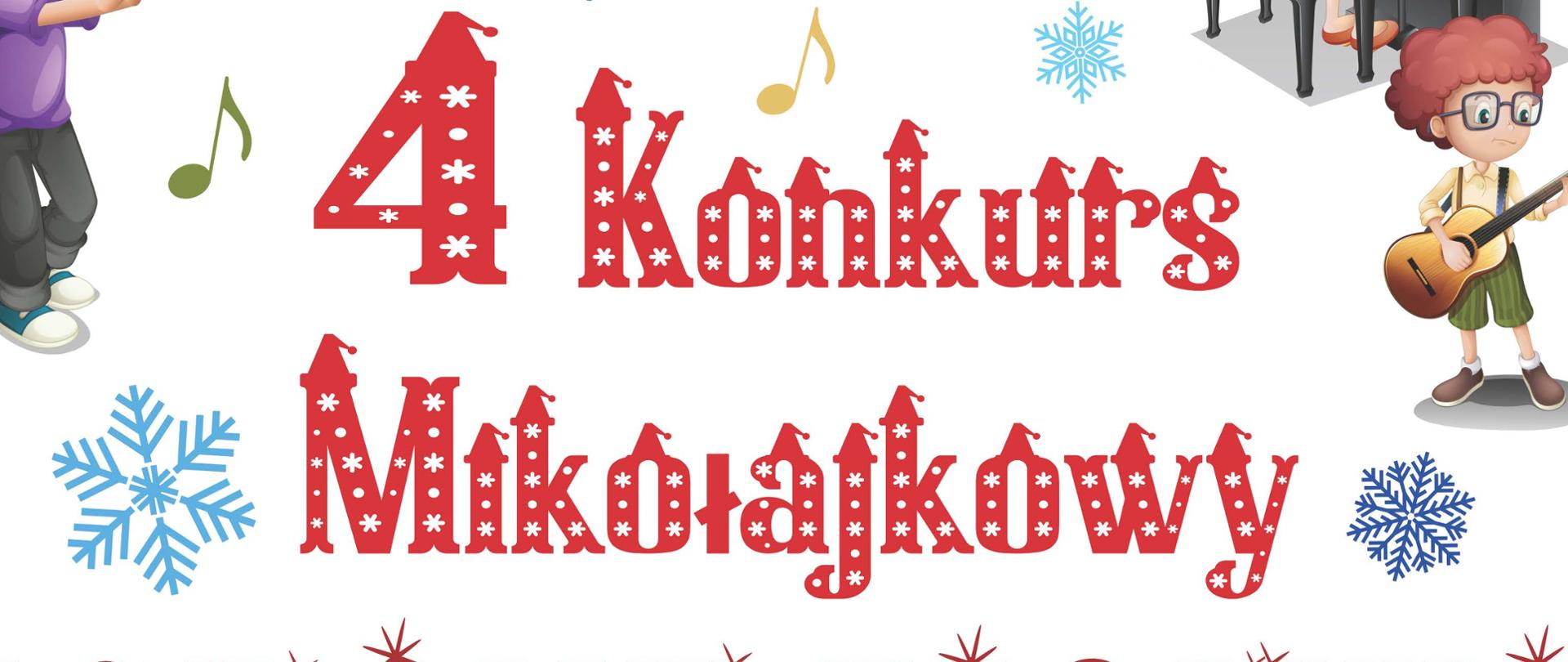 Plakat ma białe tło ozdobione śnieżynkami i nutkami w kolorach niebieskim, pomarańczowym i fioletowym. W centralnej części widnieje duży, czerwony napis „4 Konkurs Mikołajkowy ZGRANE ZIOMKI”, a poniżej widnieje data wydarzenia: 5 grudnia 2025, godz. 17:00. Wokół rozmieszczone są kolorowe ilustracje dzieci grających na instrumentach — trąbce, skrzypcach, perkusji, fortepianie, saksofonie i gitarze — co nadaje plakatowi wesoły, muzyczny i zimowy charakter.