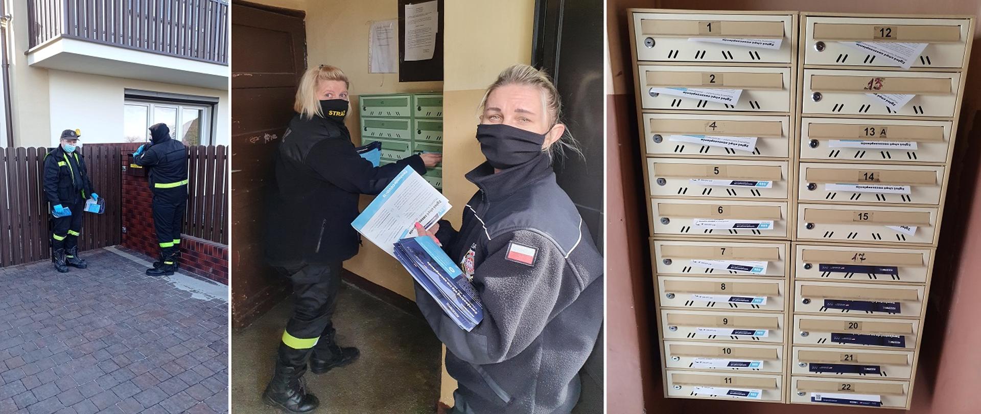 zdjęcie przedstawia kolportaż ulotek informacyjnych na temat profilaktyki oraz szczepień przeciwko COVID-19 prowadzony przez OSP, widoczni są druhowie roznoszący ulotki do skrzynek pocztowych.
