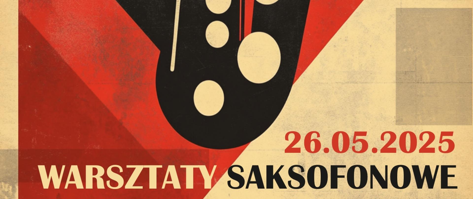 plakat przedstawiający saksofon na tle figur w kolorze czarno-beżowo- czarnym. Plakat stylizowany na oldschoolowy plakat z dwudziestego wieku.